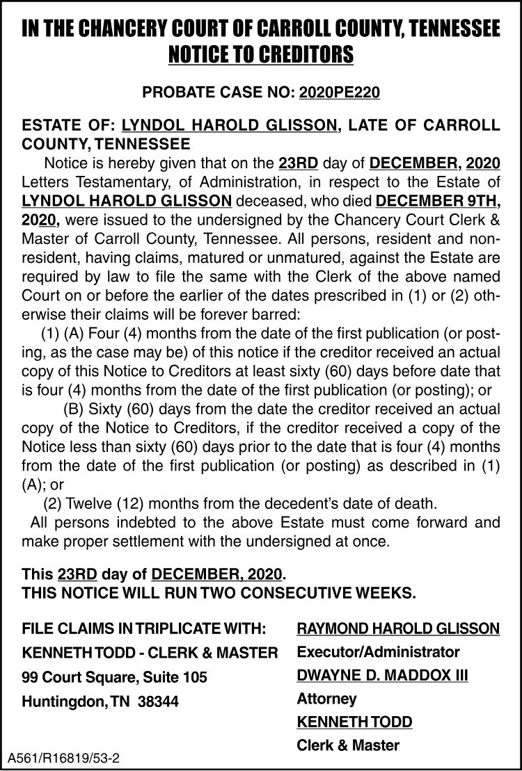 Notice to Creditors - GLISSON