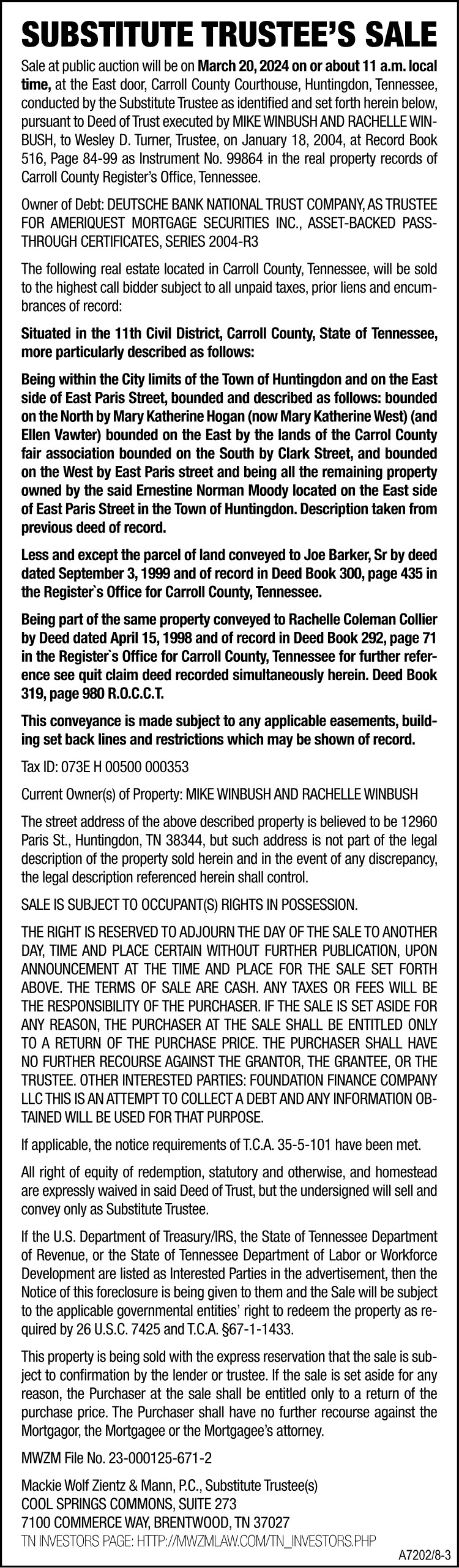 Substitute Trustee's Sale - WINBUSH