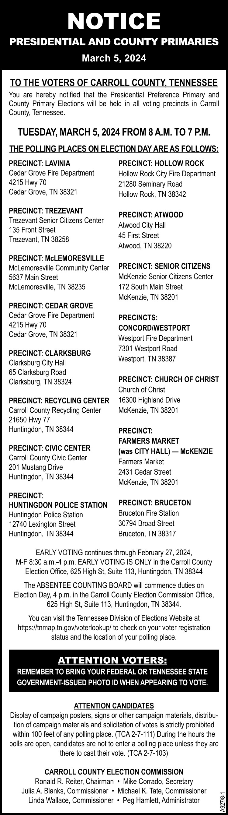 Notice - Carroll County Election Polling Places