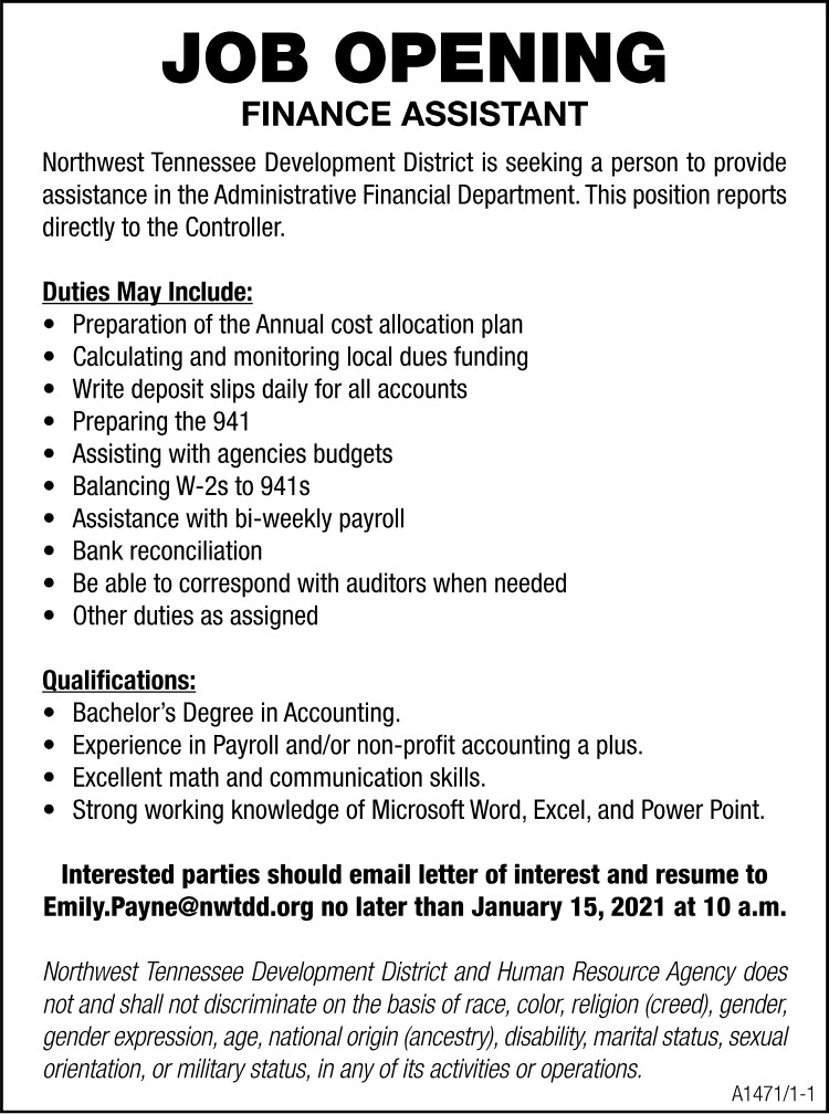 NWTDD - Job Opening - Finance Assistant