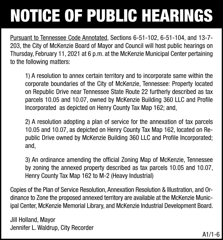 Notice of Public Hearing - City of McKenzie