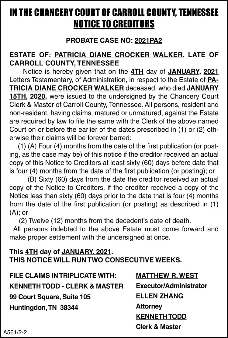 Notice to Creditors - WALKER