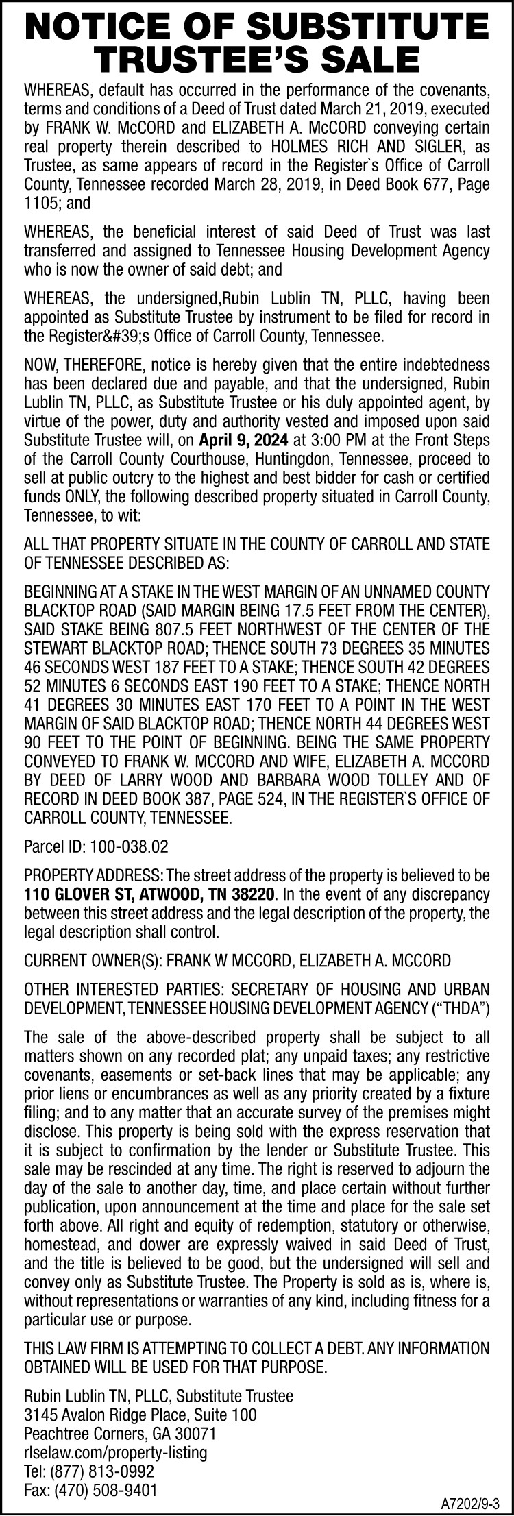 Notice of Substitute Trustee's Sale - McCORD