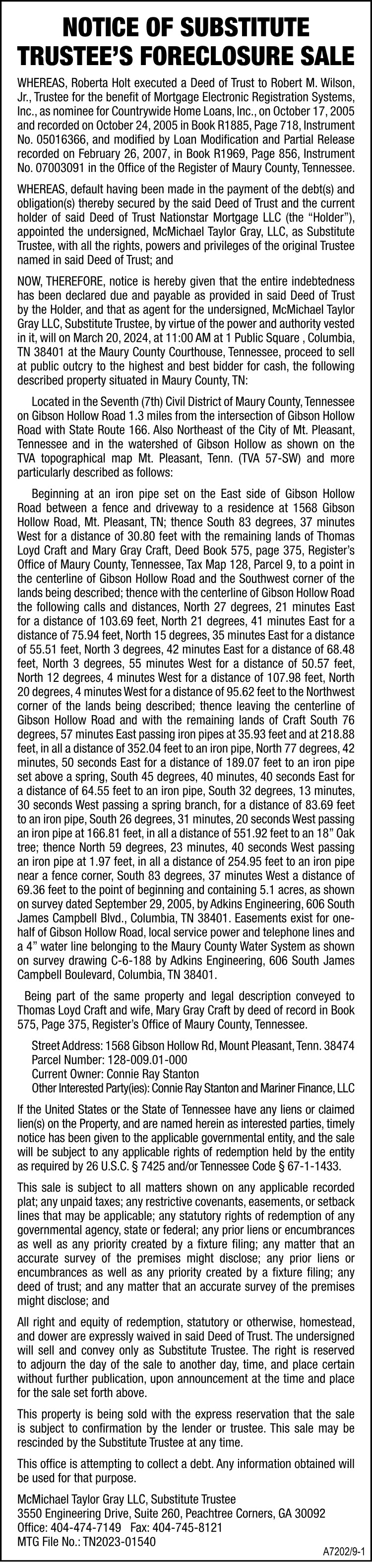 Notice of Substitute Trustees Sale - HOLT