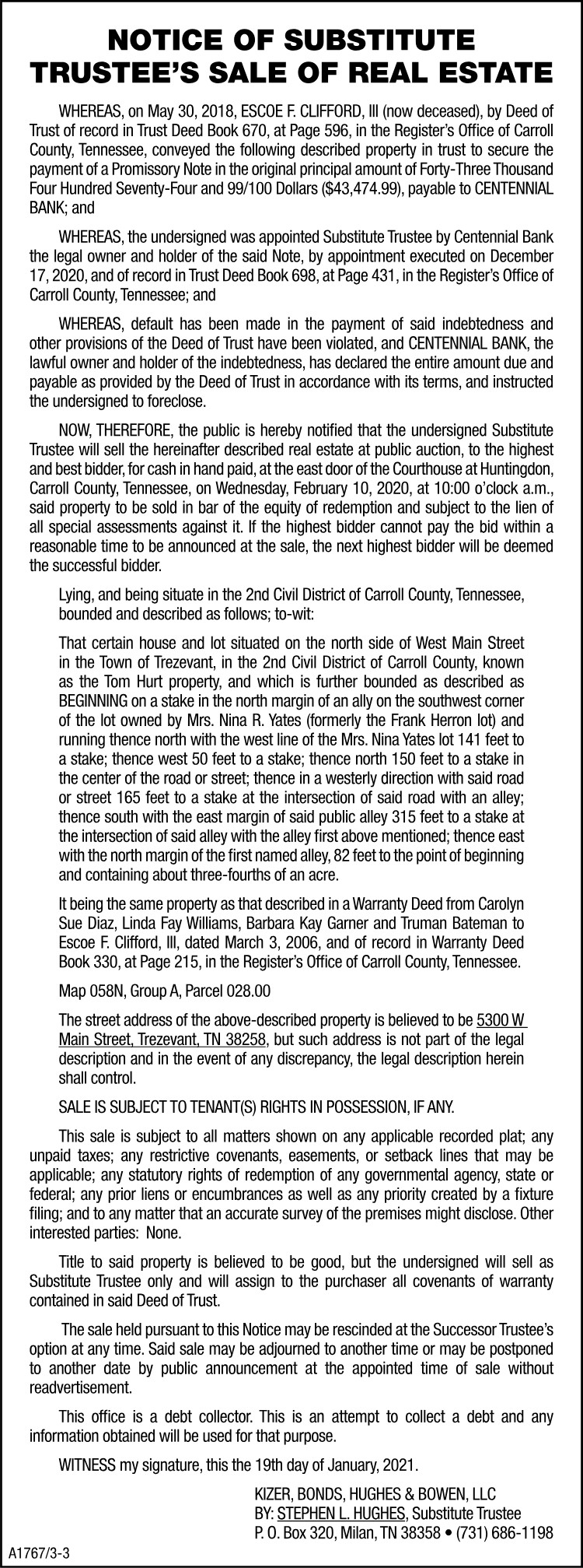 Notice of Substitute Trustee Sale - CLIFFORD