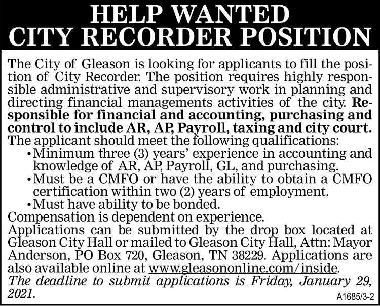 City of Gleason - Hiring City Recorder