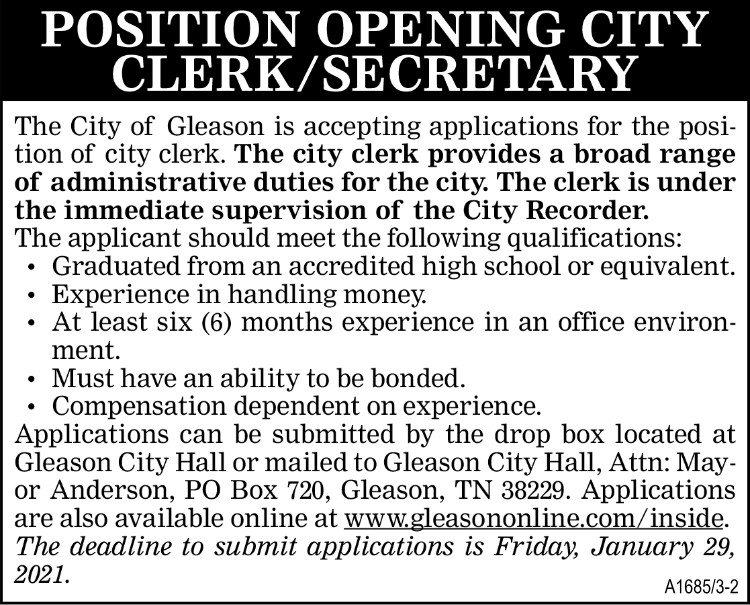 City of Gleason - Hiring Clerk-Secretary