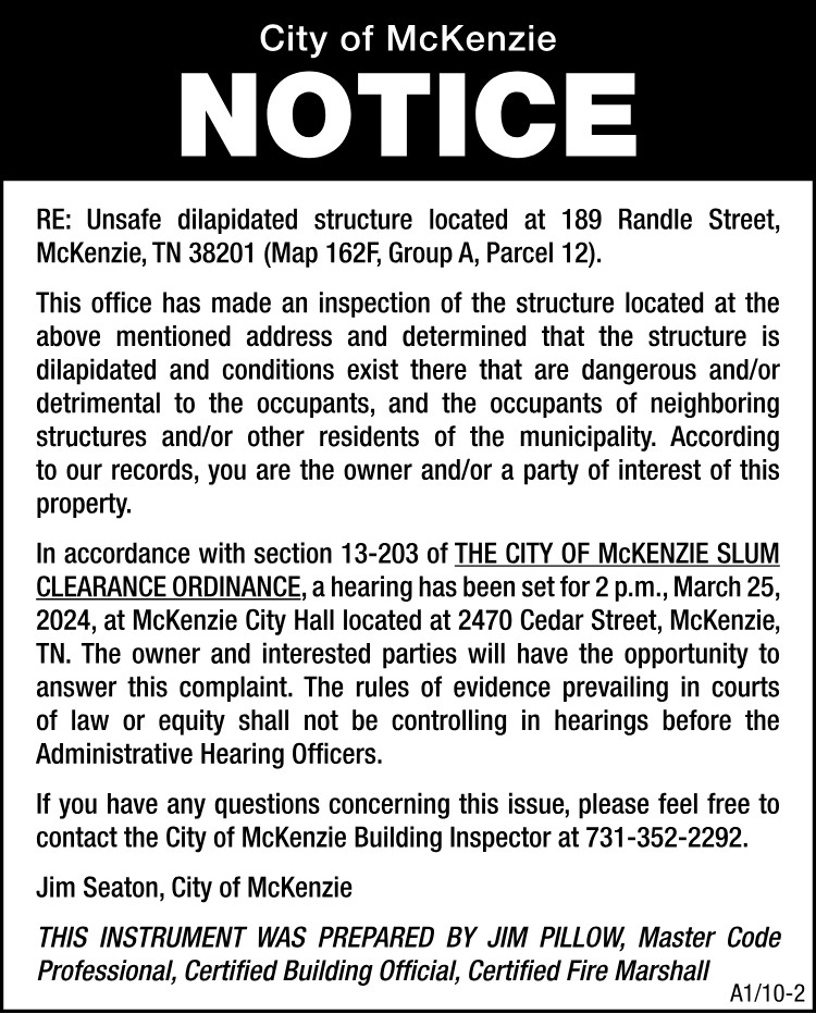 Notice Unsafe Structure -189 Randle St