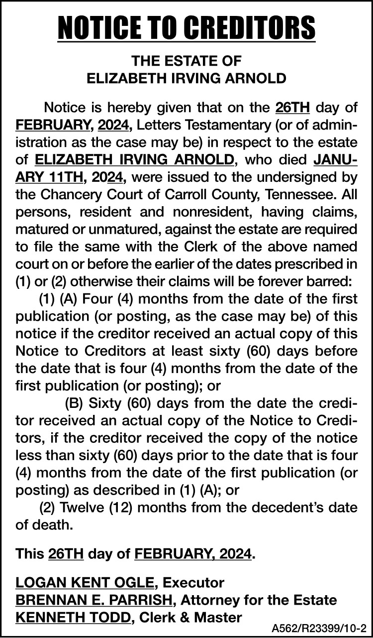 Notice to Creditors - ARNOLD