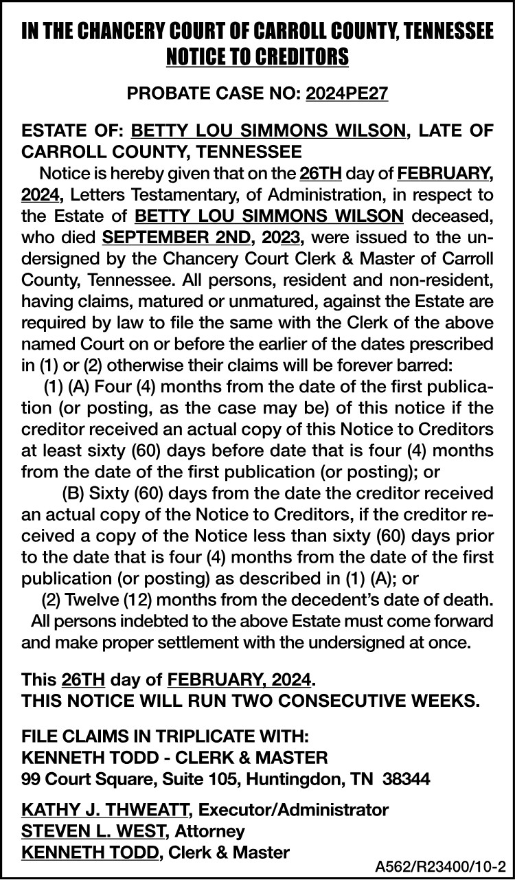Notice to Creditors - WILSON