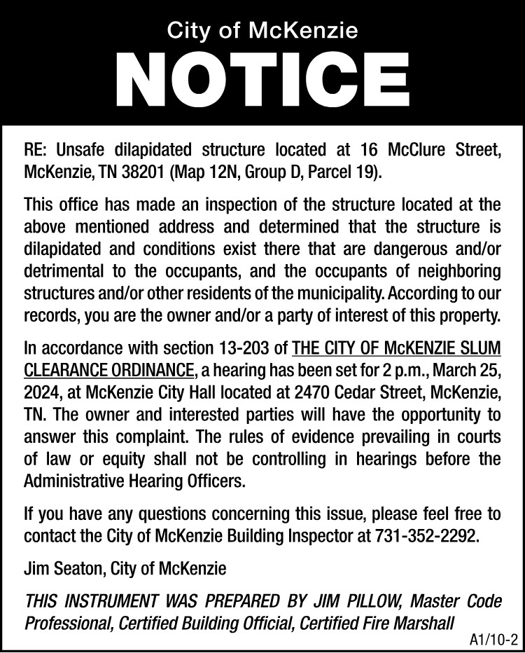 Notice Unsafe Structure - 16 McClure St