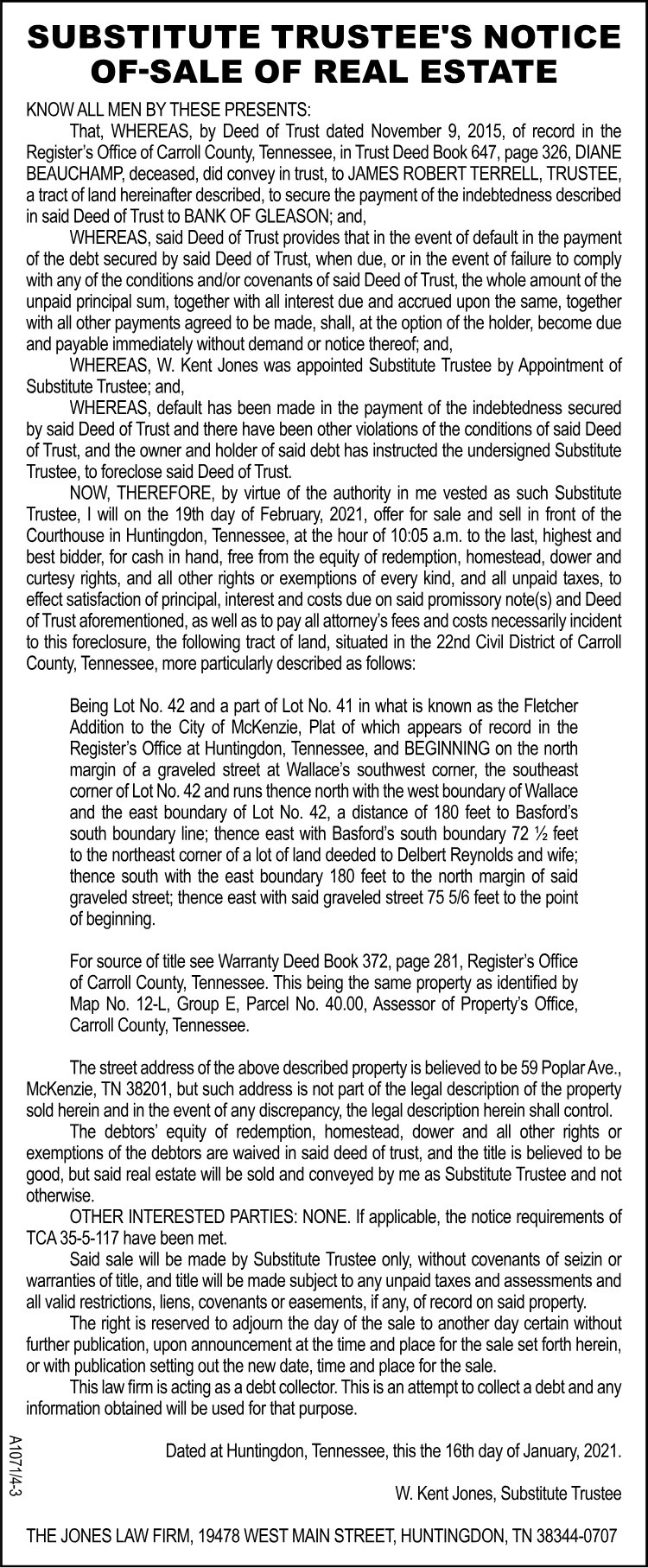 Substitute Trustee Notice - BEAUCHAMP