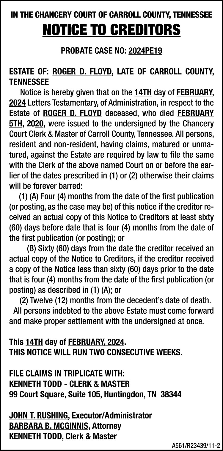 Notice to Creditors - FLOYD