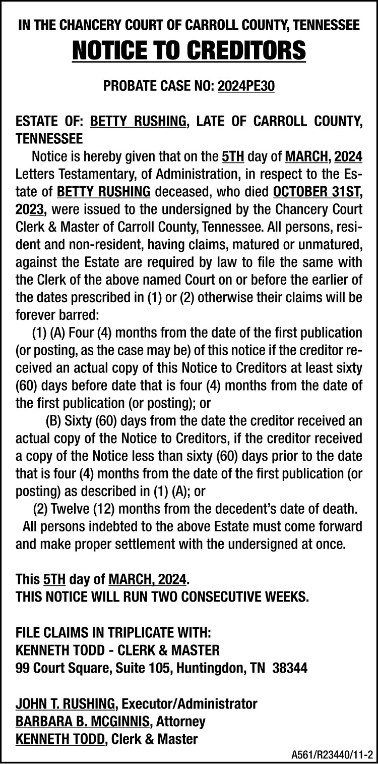 Notice to Creditors - RUSHING