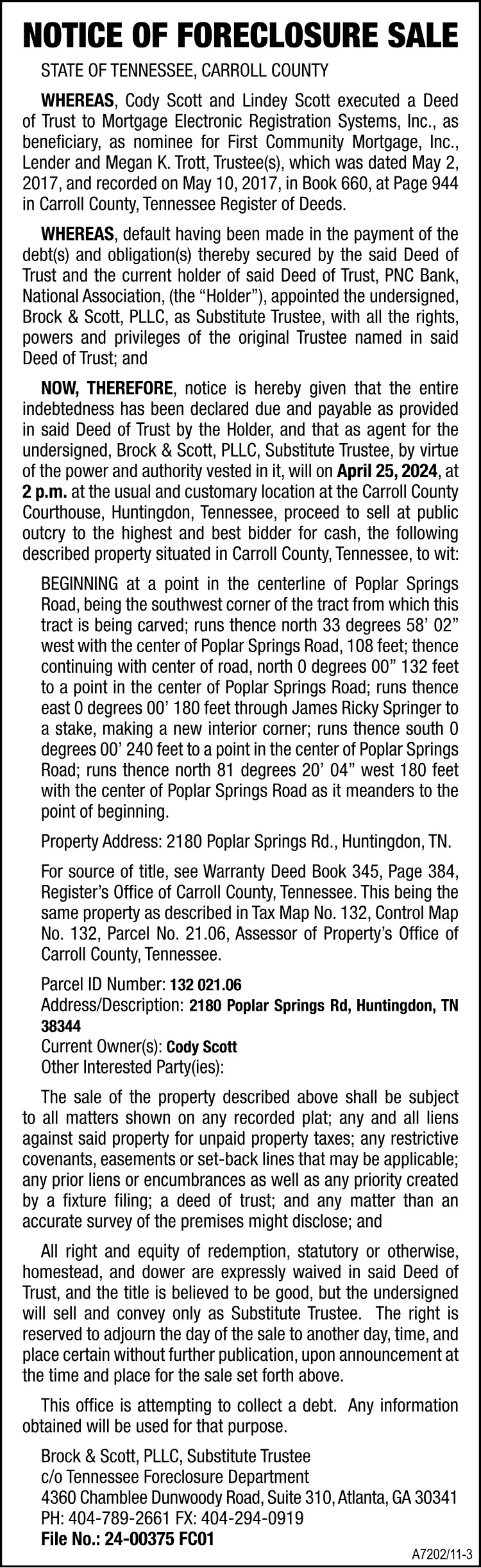 Notice of Foreclosure Sale - SCOTT