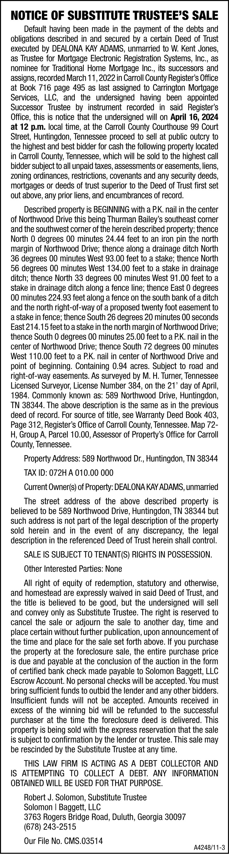 Notice of Substitute Trustee's Sale - ADAMS