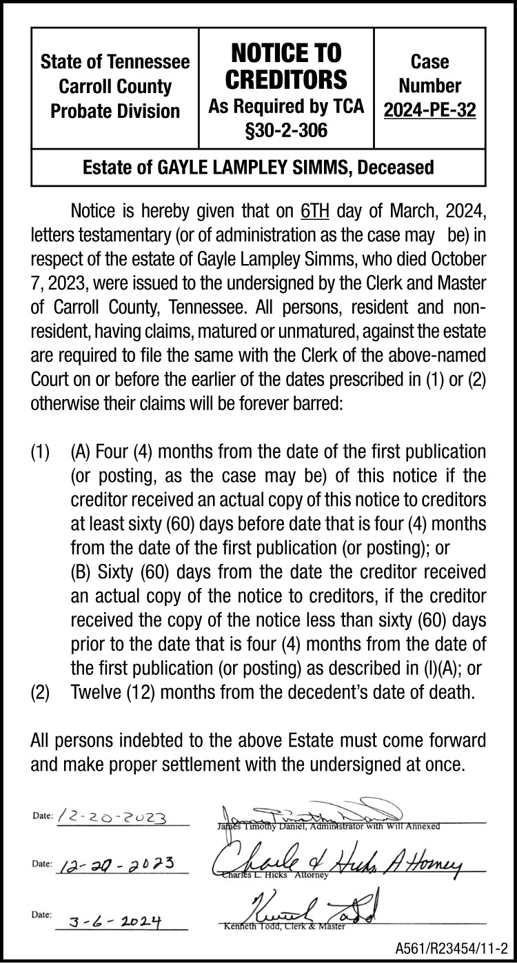 Notice to Creditors - SIMMS