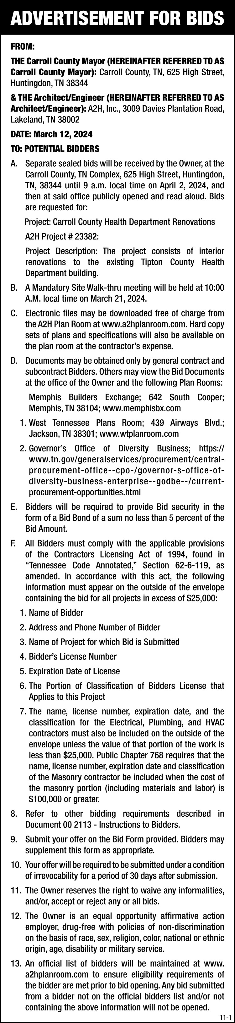 Advertisement for Bids - A2H