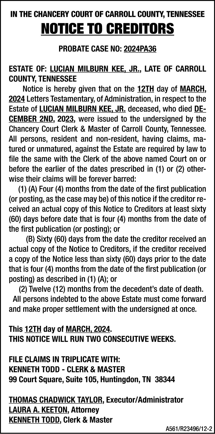 Notice to Creditors - KEE