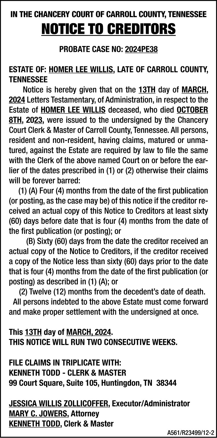 Notice to Creditors - WILLIS