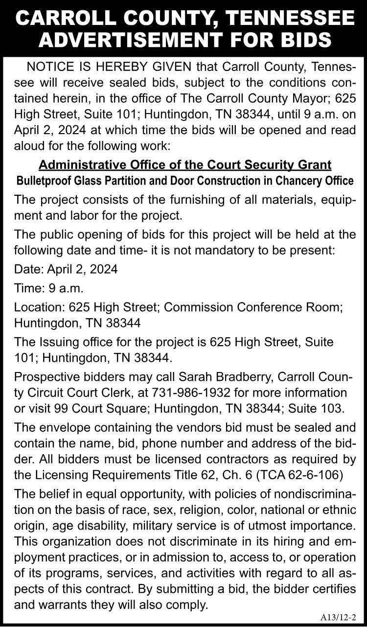 Carroll Co Advertisement for Bids Bulletproof Glass