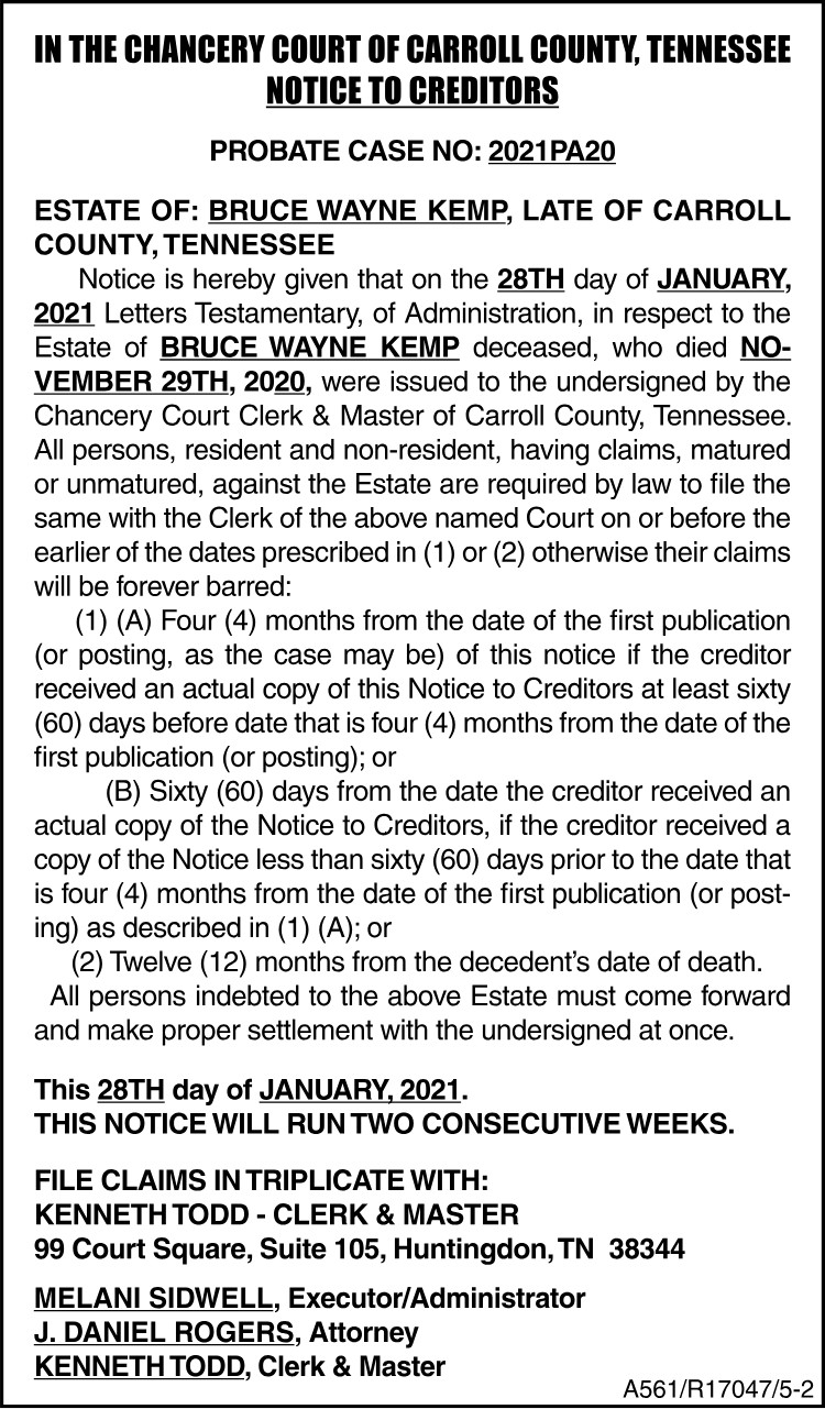 Notice to Creditors Bruce Wayne Kemp