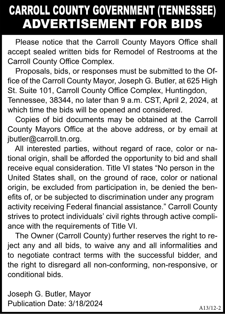 Carroll Co Advertisement for Bids Remodel Restrooms