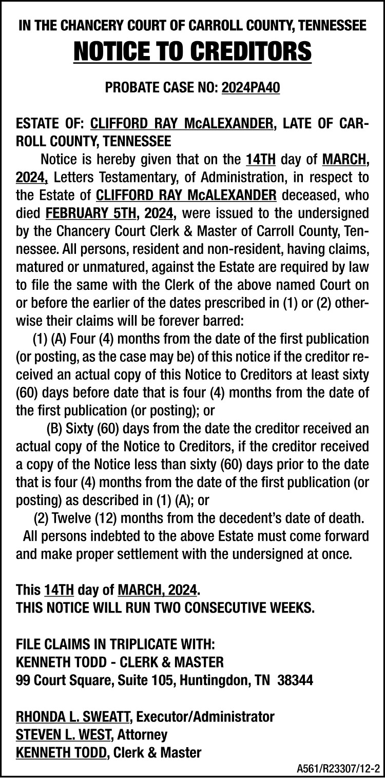 Notice to Creditors - MCALEXANDER
