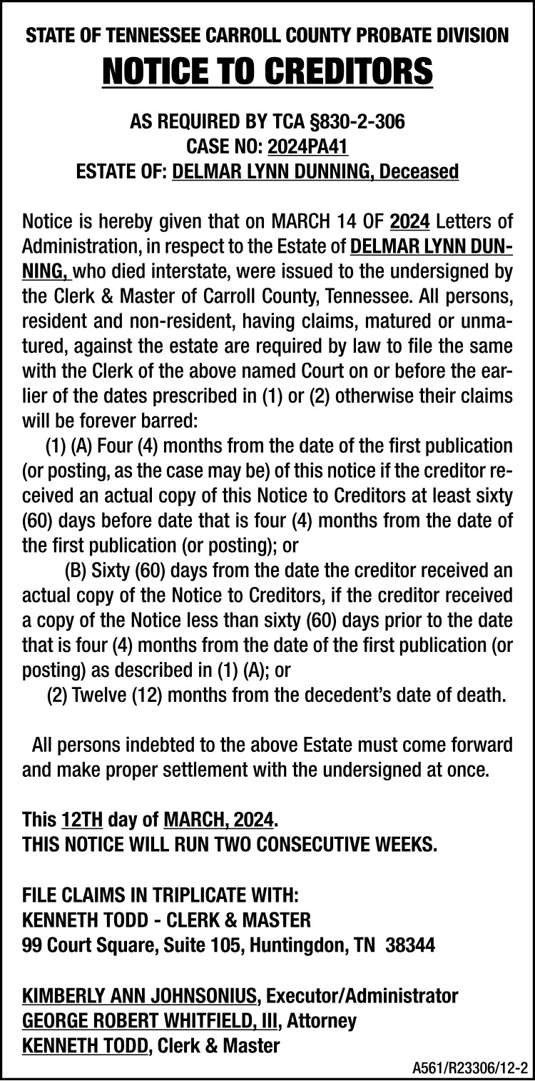Notice to Creditors - DUNNING