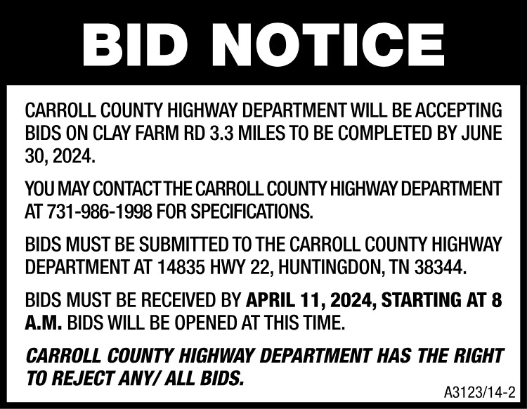 Bid Notice - Carroll County Highway Department June 30