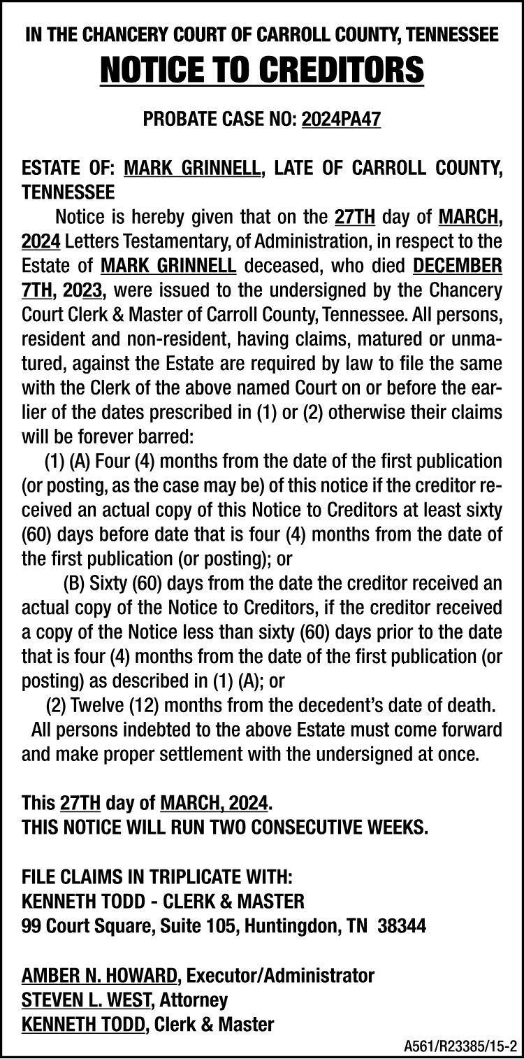 Notice to Creditors - GRINNELL