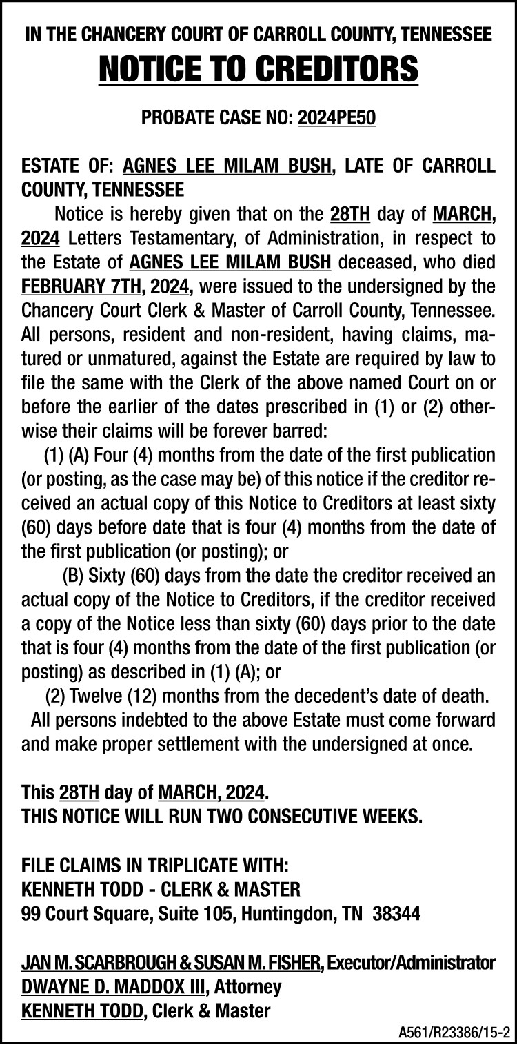 Notice to Creditors - BUSH