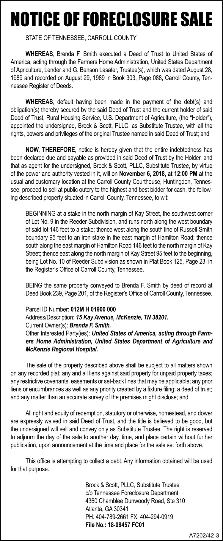 Notice of Foreclosure Sale - Brenda Smith