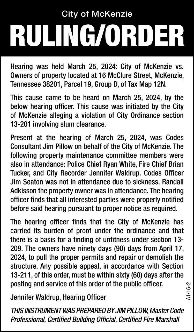 Slum Clearance Ruling - 16 McClure Street