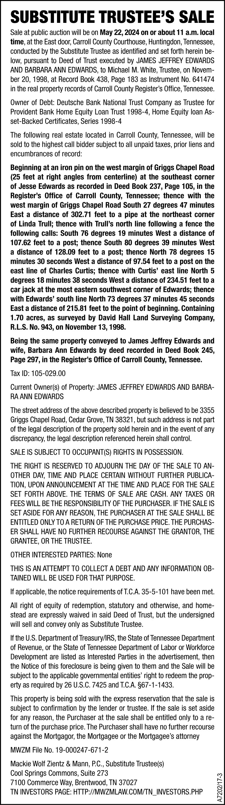 Substitute Trustee Sale - EDWARDS