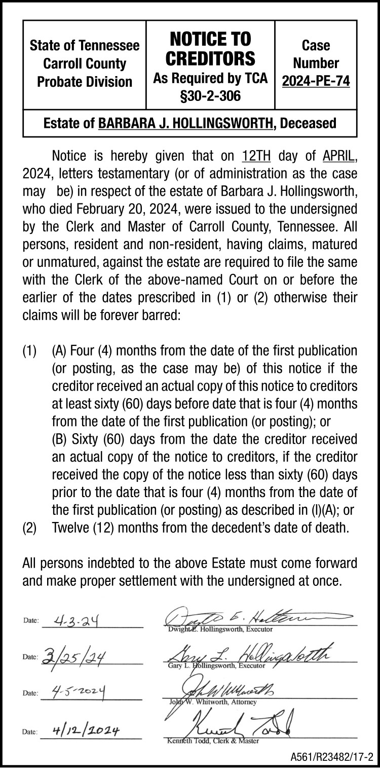 Notice to Creditors - HOLLINGSWORTH