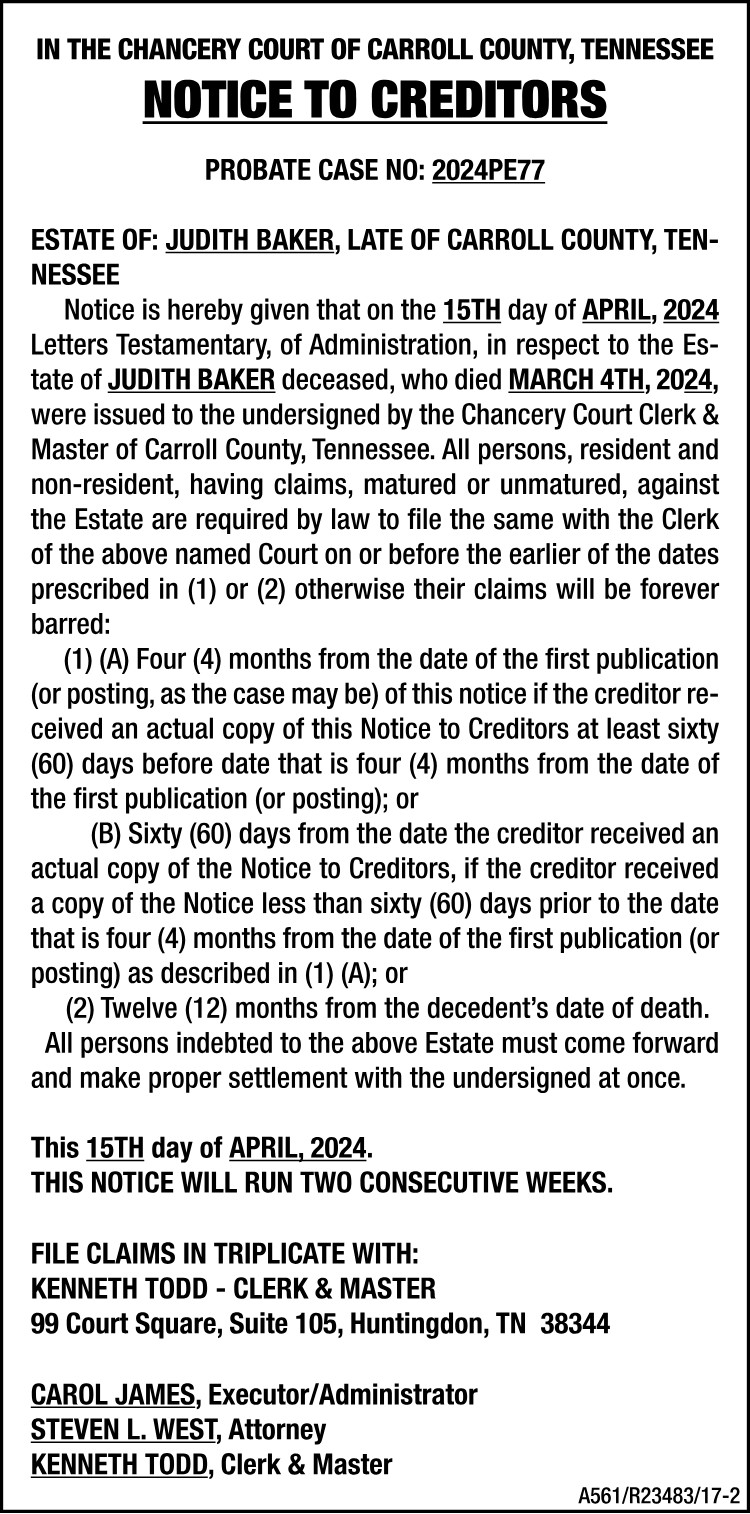 Notice to Creditors - BAKER