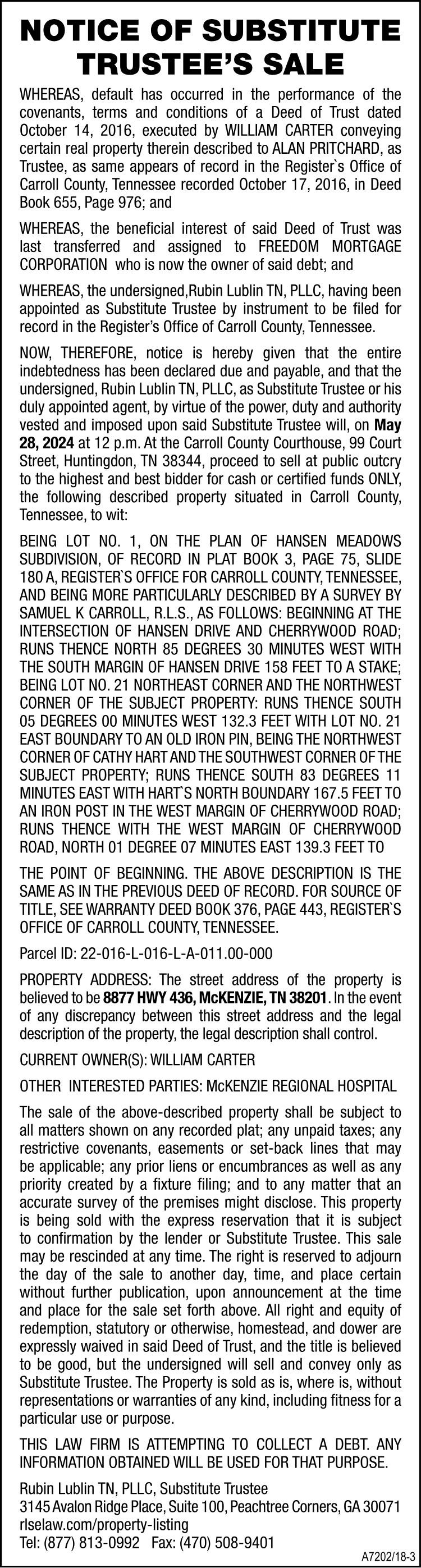 Notice of Substitute Trustee Sale - CARTER