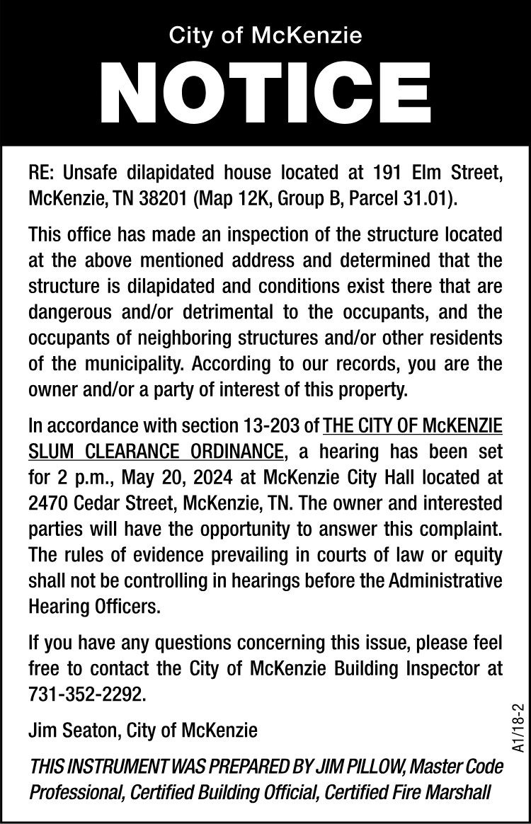 Notice Unsafe Structure - 191 Elm