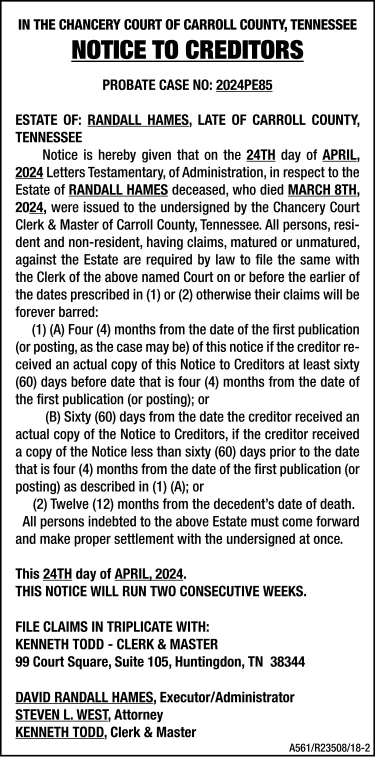 Notice to Creditors - HAMES
