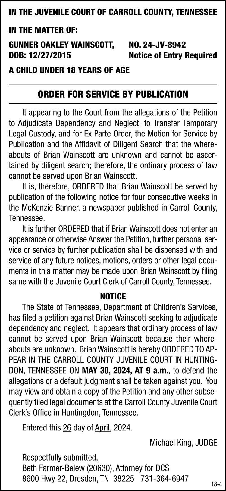 Order for Service by Publication - WAINSCOTT