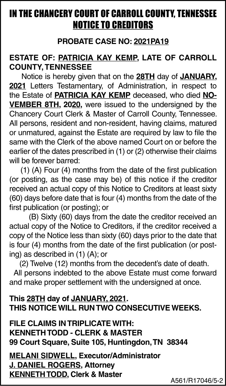 Notice to Creditors Patricia Kay Kemp