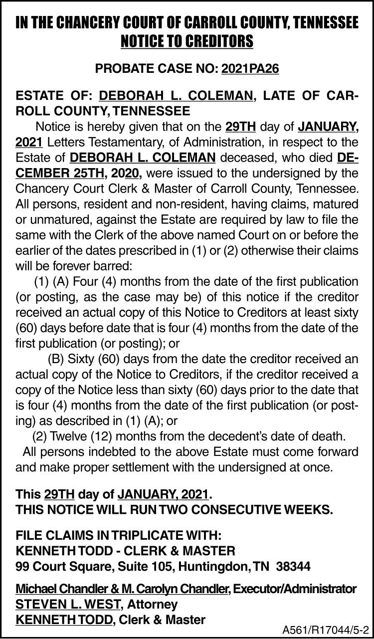 Notice to Creditors Deborah Coleman