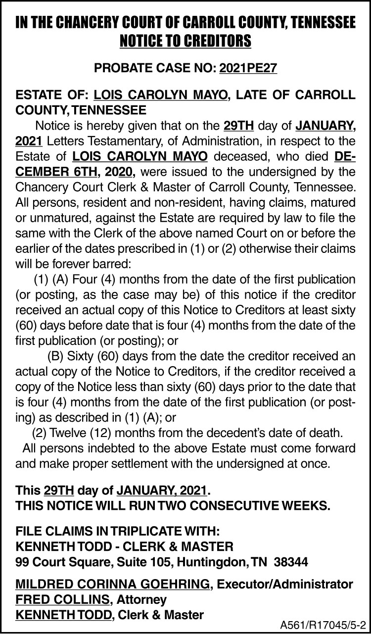 Notice to Creditors Lois Carolyn Mayo