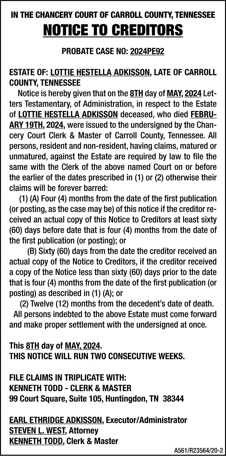 Notice to Creditors - Adkisson