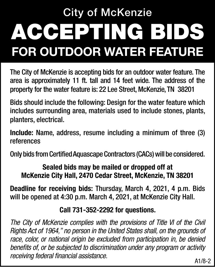 City of McKenzie Accepting Bids Outdoor Water Feature