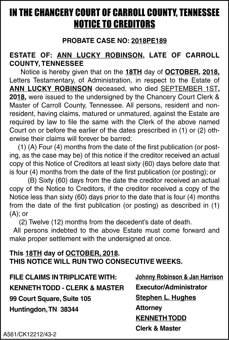 Notice to Creditors - Ann Lucky Robinson