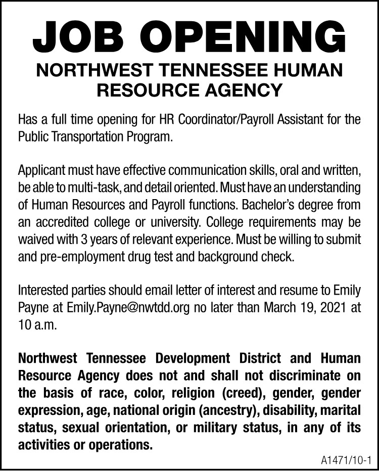 Northwest Tennessee Human Resource Agency Job Opening