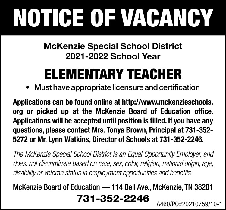 MSSD Notice of Vacancy Elementary Teacher