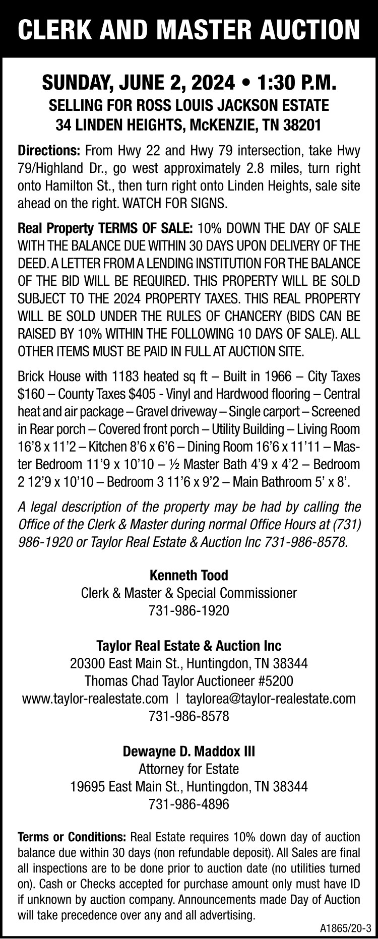 Clerk & Master Auction - 34 Linden Heights